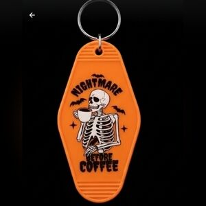 Nightmare Before Coffee Keychain | Retro Orange Skeleton Motel Key Tag
